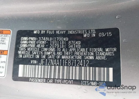 2015 Scion Fr-S из США, поврежденный, VIN JF1ZNAA11F8712412